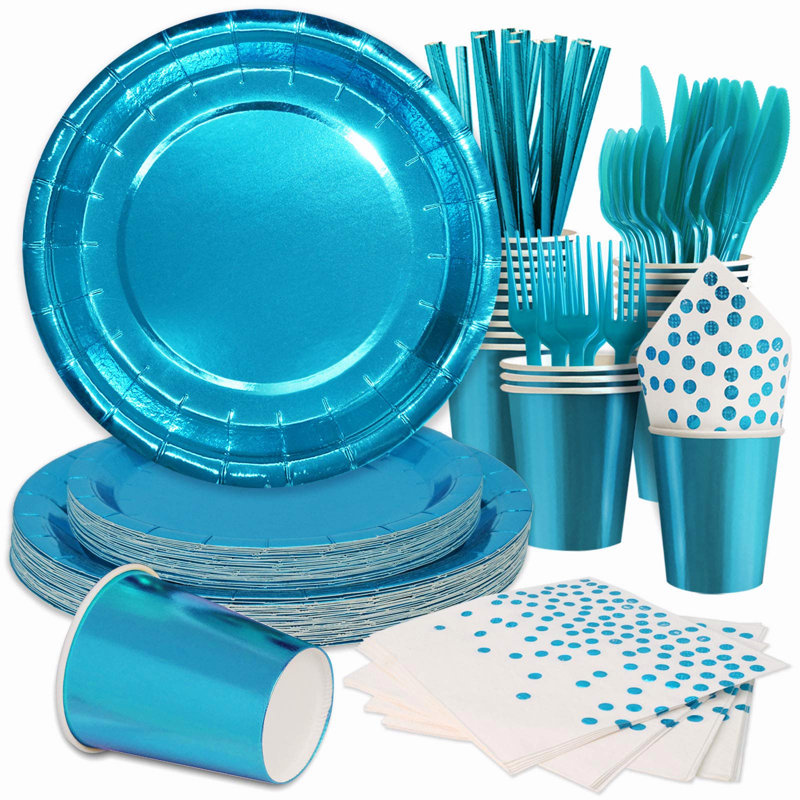 PEDIA 200 Pcs Blue Party Decorations,Blue Paper Plates And Napkins